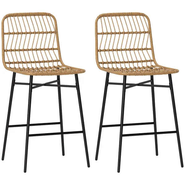 Rattan Counter Height Bar Stools Set of 2, 26" Wicker Barstools with Back, Bar Chairs for Kitchen Island, Kitchen Counter, Dining Room, Brown