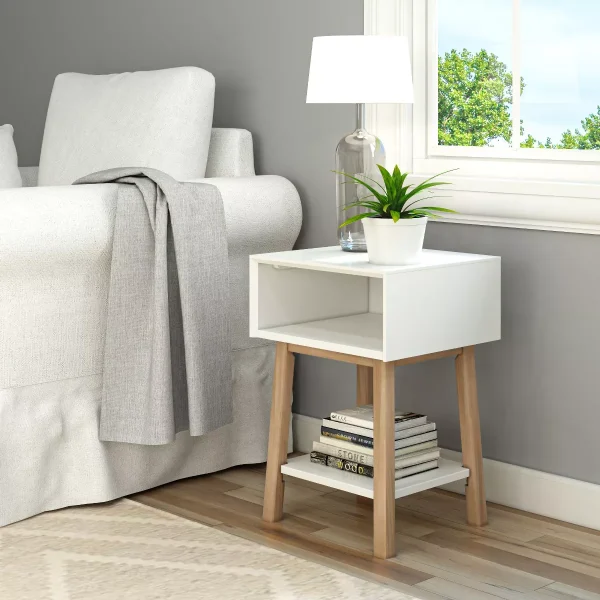 Plank+Beam Mid - Century Modern Nightstand with Cubby Shelf, Solid Wood Bedside Table for Bedroom