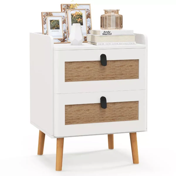 Modern Nightstand End Bedside Table with 2 Rattan Drawers & Solid Wood Legs White