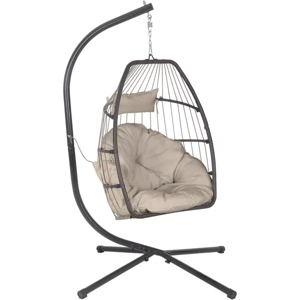 Egg Hanging Chair with Stand Hammock Chair Hanging Patio Swing Chair UV Resistant Cushion for Indoor Bedroom Outdoor Garden Backyard Balcony(Tan)
