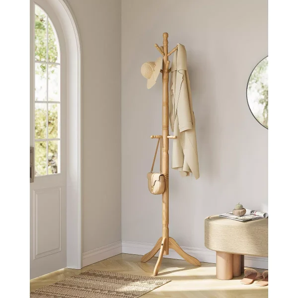Free Standing Coat Rack Stand - Solid Wood Hall Tree with 10 Hooks, Dark Walnut Finish for Entryway and Hallway