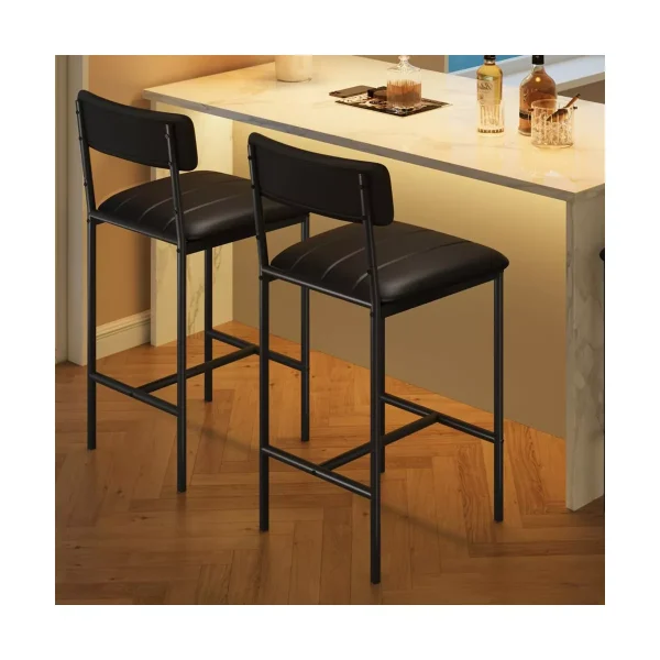 Bar Stools Set of 2, Kitchen Bar Stools with Footrest, PU Upholstered Counter Height Barstool, Bar Chairs for Kitchen Island, Counter, Classic Black